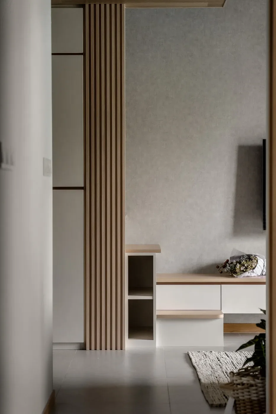 Modern minimalist interior with wooden accents.