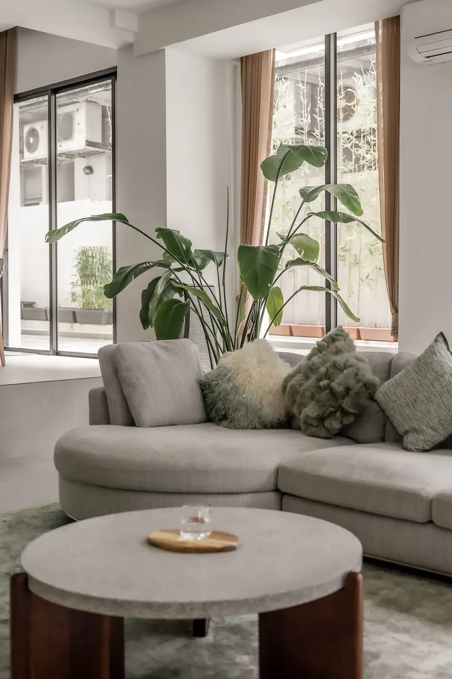 Modern living room with sofa, plants, and round table.