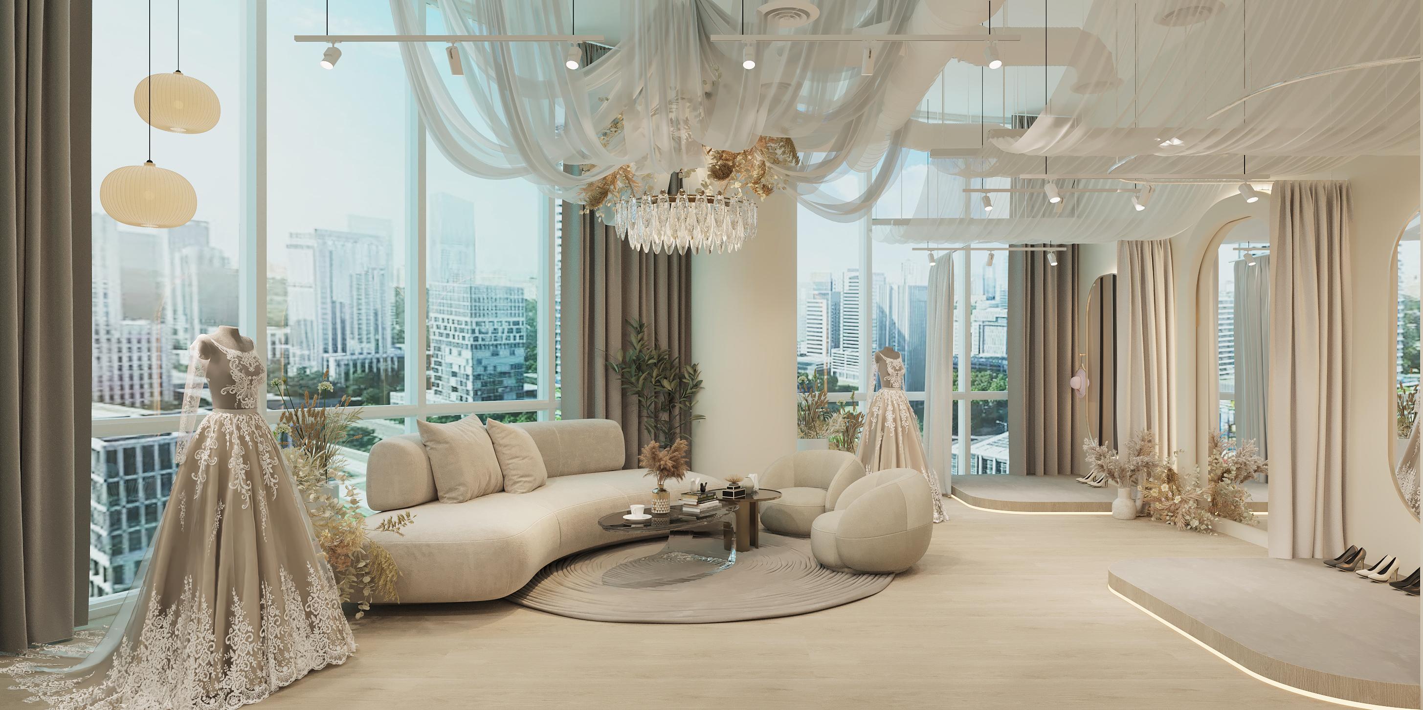 Elegant bridal boutique with city view and couches