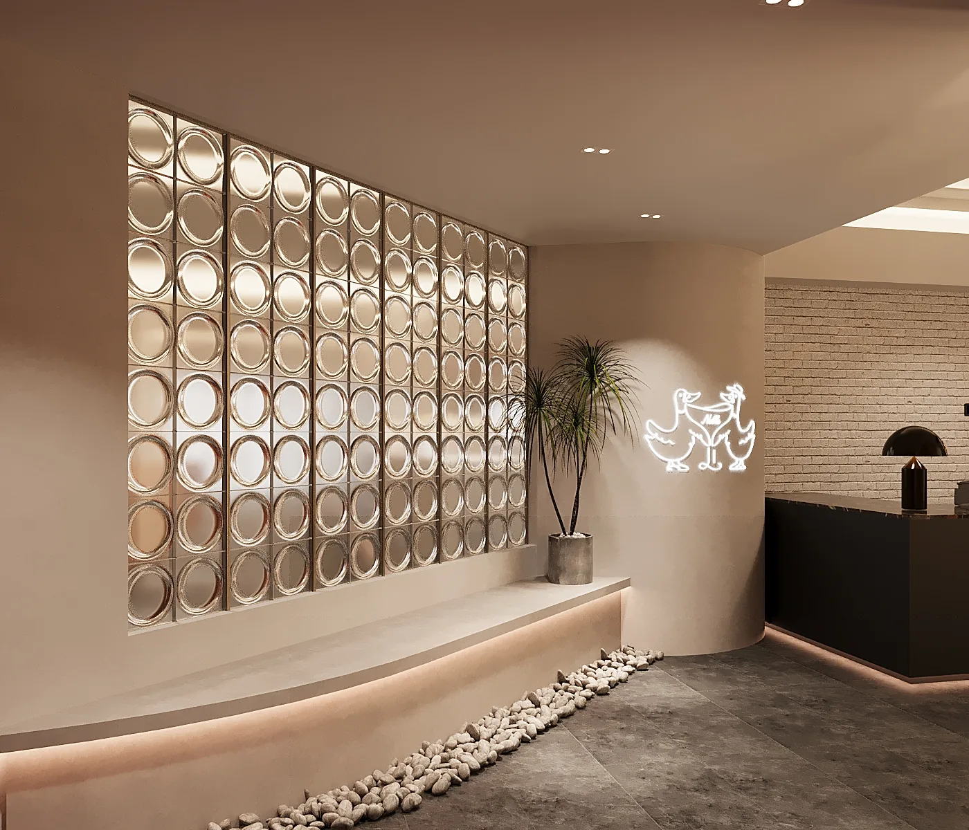 Modern restaurant interior with glass block wall and neon duck sign